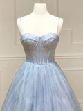 A-Line Tulle Blue Long Prom Dress, Blue Formal Evening Dresses HZ1024
