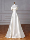 Off Shoulder Satin ivory Long Prom Dress, Satin Long Formal Dress HZ1024