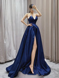 V Neck Satin Dark Blue Long Prom Dress, Blue Long Formal Dress HZ1024