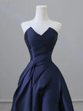 V Neck Satin Dark Blue Long Prom Dress, Blue Long Formal Dress HZ1024