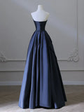 V Neck Satin Dark Blue Long Prom Dress, Blue Long Formal Dress HZ1024