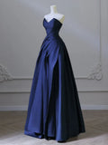 V Neck Satin Dark Blue Long Prom Dress, Blue Long Formal Dress HZ1024