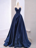 V Neck Satin Dark Blue Long Prom Dress, Blue Long Formal Dress HZ1024