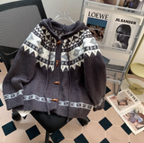 Isle Vintage Jacquard Horn Button Women's Hooded Cardigan HZ1024