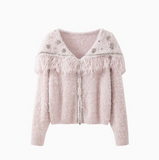 shiny silk tassel long sleeve zipper knitted sweater jacket HZ1024
