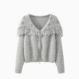 shiny silk tassel long sleeve zipper knitted sweater jacket HZ1024
