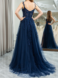Elegant Sweetheart Neck Tulle Lace Dark Blue Long Prom Dress, Dark Blue Long Evening Dress HZ1024