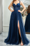 Elegant Sweetheart Neck Tulle Lace Dark Blue Long Prom Dress, Dark Blue Long Evening Dress HZ1024