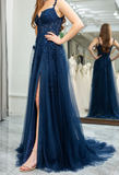 Elegant Sweetheart Neck Tulle Lace Dark Blue Long Prom Dress, Dark Blue Long Evening Dress HZ1024