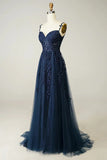 Elegant Sweetheart Neck Tulle Lace Dark Blue Long Prom Dress, Dark Blue Long Evening Dress HZ1024