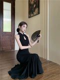 Chinese style improved cheongsam buttoned halter neck fishtail skirt HZ1024