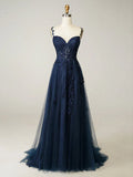 Elegant Sweetheart Neck Tulle Lace Dark Blue Long Prom Dress, Dark Blue Long Evening Dress HZ1024
