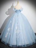 Off Shoulder Tulle Sequin Blue Long Prom Dress, Blue Sweet 16 Dress HZ1024