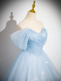 Off Shoulder Tulle Sequin Blue Long Prom Dress, Blue Sweet 16 Dress HZ1024