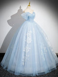 Off Shoulder Tulle Sequin Blue Long Prom Dress, Blue Sweet 16 Dress HZ1024