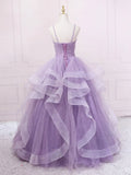 v neck tulle long prom dress, purple tulle formal party dress HZ1024