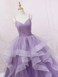 v neck tulle long prom dress, purple tulle formal party dress HZ1024