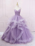 v neck tulle long prom dress, purple tulle formal party dress HZ1024