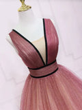 v neck burgundy tulle long prom dress, tulle formal dress HZ1024