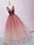 v neck burgundy tulle long prom dress, tulle formal dress HZ1024