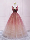 v neck burgundy tulle long prom dress, tulle formal dress HZ1024