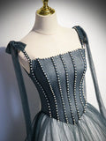 Tulle Gray Long Prom Dress, Gray Formal Graduation Dress with Beading HZ1024