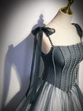 Tulle Gray Long Prom Dress, Gray Formal Graduation Dress with Beading HZ1024