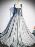 Tulle Gray Long Prom Dress, Gray Formal Graduation Dress with Beading HZ1024
