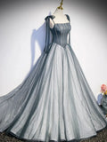 Tulle Gray Long Prom Dress, Gray Formal Graduation Dress with Beading HZ1024