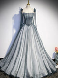 Tulle Gray Long Prom Dress, Gray Formal Graduation Dress with Beading HZ1024