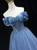 off shoulder tulle long prom dress, blue tulle formal dress HZ1024