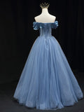 off shoulder tulle long prom dress, blue tulle formal dress HZ1024