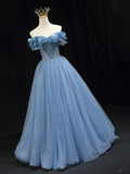 off shoulder tulle long prom dress, blue tulle formal dress HZ1024