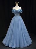 off shoulder tulle long prom dress, blue tulle formal dress HZ1024