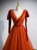 Red V Neck Tulle Long Prom Dresses, Simple Formal Gown Graduation Dresses HZ1024