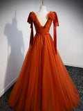 Red V Neck Tulle Long Prom Dresses, Simple Formal Gown Graduation Dresses HZ1024