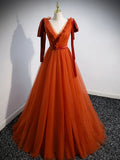 Red V Neck Tulle Long Prom Dresses, Simple Formal Gown Graduation Dresses HZ1024