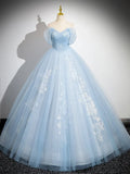 Off Shoulder Tulle Sequin Blue Long Prom Dress, Blue Sweet 16 Dress HZ1024