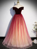 off shoulder tulle long prom dress burgundy formal dress HZ1024
