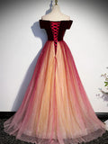 off shoulder tulle long prom dress burgundy formal dress HZ1024