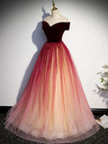 off shoulder tulle long prom dress burgundy formal dress HZ1024