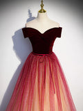 off shoulder tulle long prom dress burgundy formal dress HZ1024