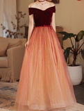 off shoulder tulle long prom dress burgundy formal dress HZ1024
