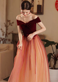off shoulder tulle long prom dress burgundy formal dress HZ1024