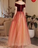 off shoulder tulle long prom dress burgundy formal dress HZ1024