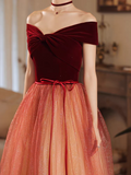 off shoulder tulle long prom dress burgundy formal dress HZ1024