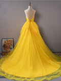 v neck tulle long prom dress high low long yellow graduation dress HZ1024