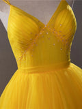 v neck tulle long prom dress high low long yellow graduation dress HZ1024