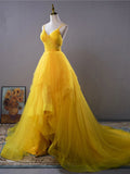 v neck tulle long prom dress high low long yellow graduation dress HZ1024