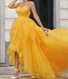 v neck tulle long prom dress high low long yellow graduation dress HZ1024